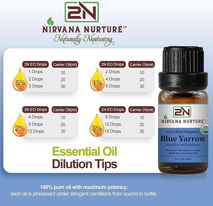 Blue Yarrow Essential Oil, USDA Certified Organic, 100% Pure Undiluted, Aromatherapy Oil for Diffuser, Hair & Skin Care