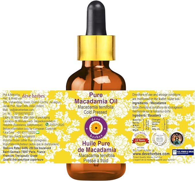 Deve Herbes Macadamia Oil (Macadamia ternifolia) with Glass Dropper | Cold Pressed | Pure | Natural | for Diluting Essential Oils | Skin & Massage | Non-Sticky| Lightweight| Unisex | 15ml (0.50 oz)