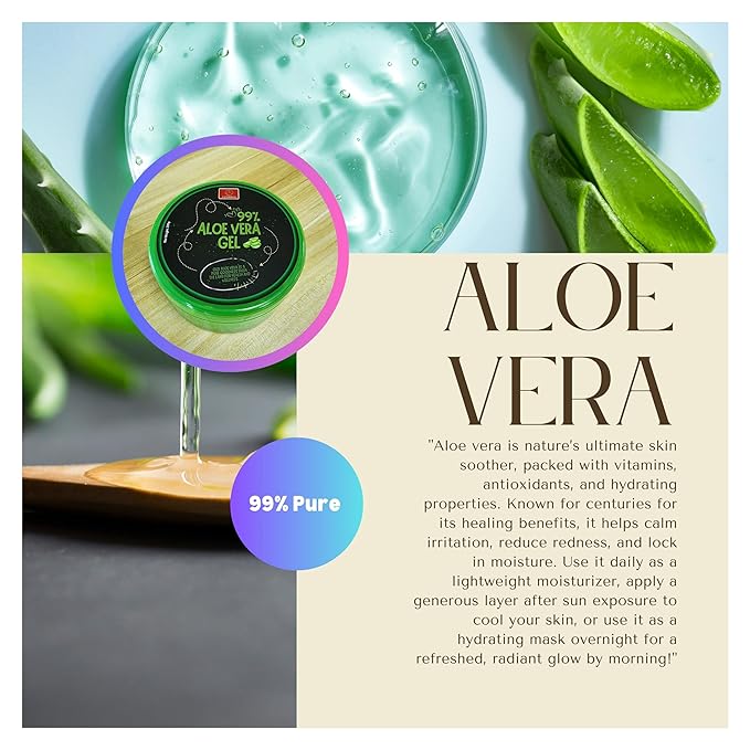 Aloe Vera Gel – 99% Pure, Fast-Absorbing and No-Residue Moisturizer, Non-Sticky - Aloe Vera can be good for Sunburn, after tanning, Dry Skin, Body, face & hair Care – 10.1 fl oz (300g).