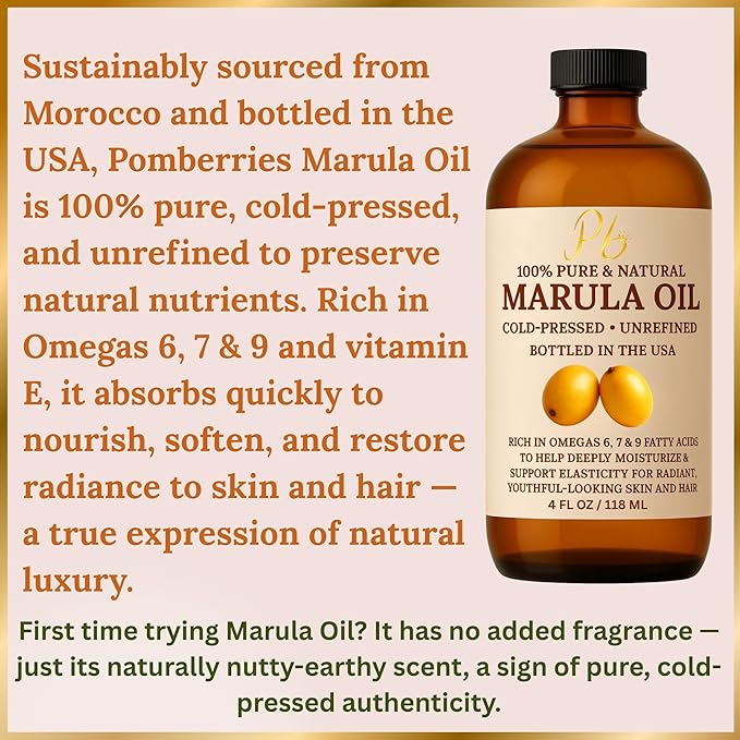 Pomberries Marula Oil for Face, 100% Pure Cold-Pressed Unrefined, Moisturizing Skin & Hair Oil, Lightweight Non-Greasy Hydrating Face Oil- 4 fl oz Glass Bottle
