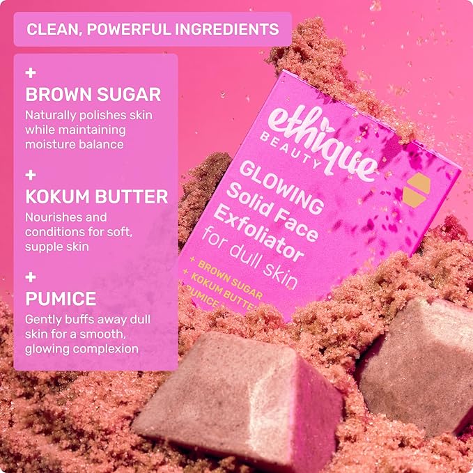 Ethique Glowing - Solid Face Exfoliator for Dull Skin -Vegan, Zero-Waste, Plastic-Free, Cruelty-Free, 3.9 oz (Pack of 1: 2 bars)