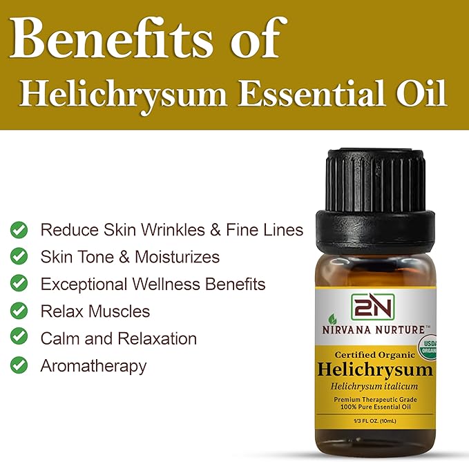 Helichrysum Essential Oil, USDA Certified Organic, 100% Pure Undiluted, Aromatherapy Oil for Diffuser, Hair & Skin Care