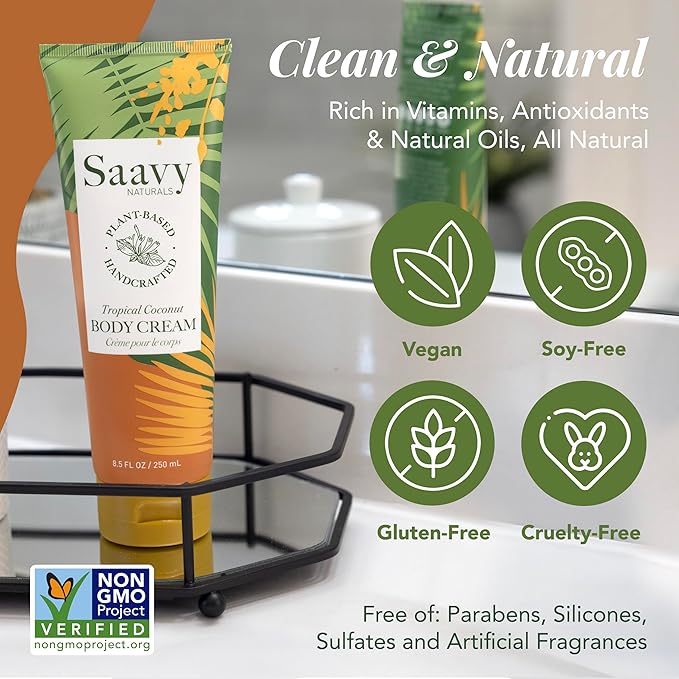 Saavy Naturals Deeply Hydrating Body Cream for Dry Skin – Nourishing Shea Butter, Plant-Based & Sustainably Sourced – Tropical Coconut – 8.5 fl oz, 2 pack