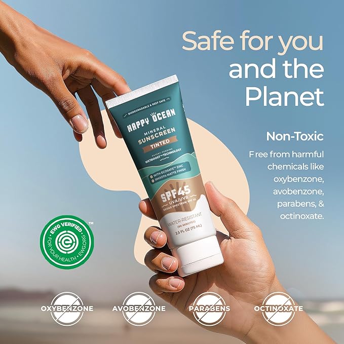 Happy Ocean Tinted Mineral Sunscreen SPF 45 – Reef Safe Zinc Oxide Face Sunscreen with Natural Tint, Water Resistant, Travel Size 2.5 oz