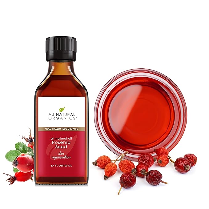 Au Natural Organics Rosehip Oil - Natural Source of Vitamin A - Face & Body Skin Moisturizer - Cleansing & Anti-Aging Power - 3.4oz / 100ml