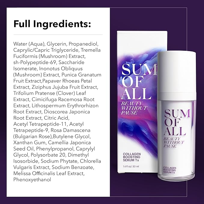 Sum Of All Collagen Boosting Serum Tx for Face with Vegan Peptides, Hydrating, Skin Tightening and Firming, Fragrance-Free, Menopause Skincare for Women, 1.0 fl oz