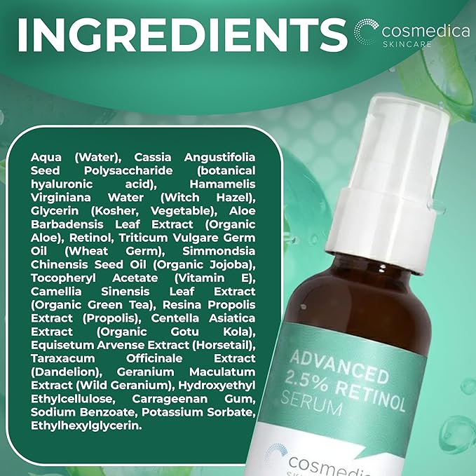 Cosmedica Skincare Retinol Serum 2.5% | Hydrating Vitamin A Serum with Green Tea Hyaluronic Acid Vitamin E | Non-Irritating Serum for Sensitive Skin Oily Skin | 1oz