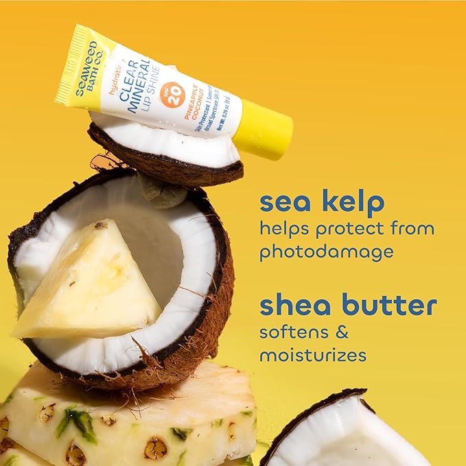 Seaweed Bath Co. Hydrating Clear Mineral Lip Shine - SPF 20 Sunscreen Zinc Oxide Lip Balm - Nourishing Care to Hydrate & Protect Dry, Chapped Lips - Natural Pineapple Coconut Flavor- 0.28 oz