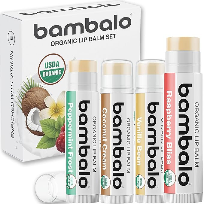 USDA Organic Lip Balm Variety 4-Pack by Bambalo – Beeswax, Coconut Oil, Vitamin E – Lip Repair Chapstick for Dry Cracked Lips – Moisturizing Care for Men and Women
