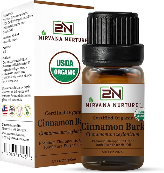 Cinnamon Bark Essential Oil, USDA Certified Organic, 100% Pure Undiluted, Aromatherapy Oil for Diffuser, Hair & Skin Care