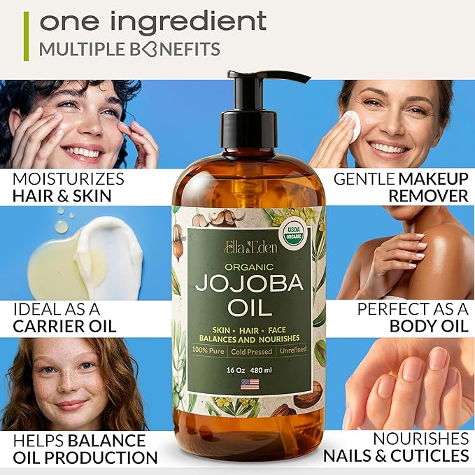 Ella & Eden 16 Oz Organic Jojoba Oil For Hair – USDA Certified – 100% Pure Cold-Pressed & Unrefined Moisturizer for Hair, Skin, Face & Nails, Hexane-Free Carrier Oil - Food Grade Plastic Bottle