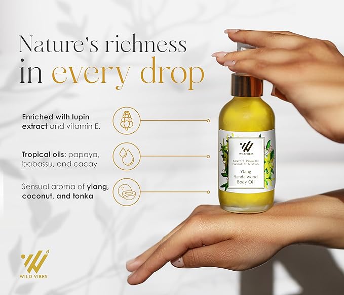 Wild Vibes Ylang Sandalwood + Amber Body & Massage Oil - Hydrating Jojoba, Papaya Seed Oil, Vitamin E, Lupine Seed Extract for Collagen production – Nourishing Oil for all skin types 4oz