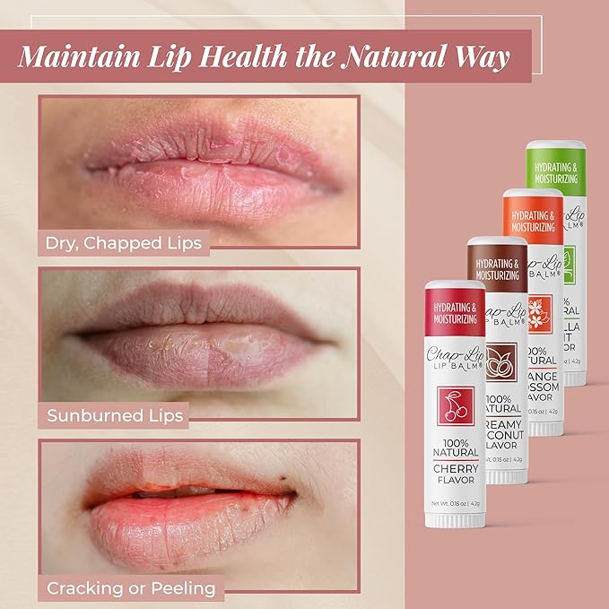 Chap-Lip Lip Balm 100% Natural Lip Balm Set - Hydrating and Moisturizing Beeswax Natural 4 Flavor Assortment - Lip Moisturizer for Dry Lips - Cocoa Butter - Petroleum Free Pack of 8
