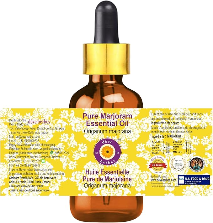 Deve Herbes Pure Marjoram Essential Oil (Origanum majorana) with Glass Dropper Steam Distilled 5ml (0.16 oz)