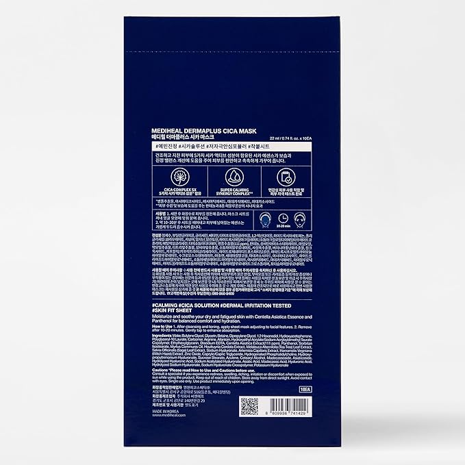 Mediheal Dermaplus Cica Mask (10 Counts) - Daily Vegan Mask for Calming Skin with Panthenol & Hyaluron, Korean Self Skin Care Sheet Mask