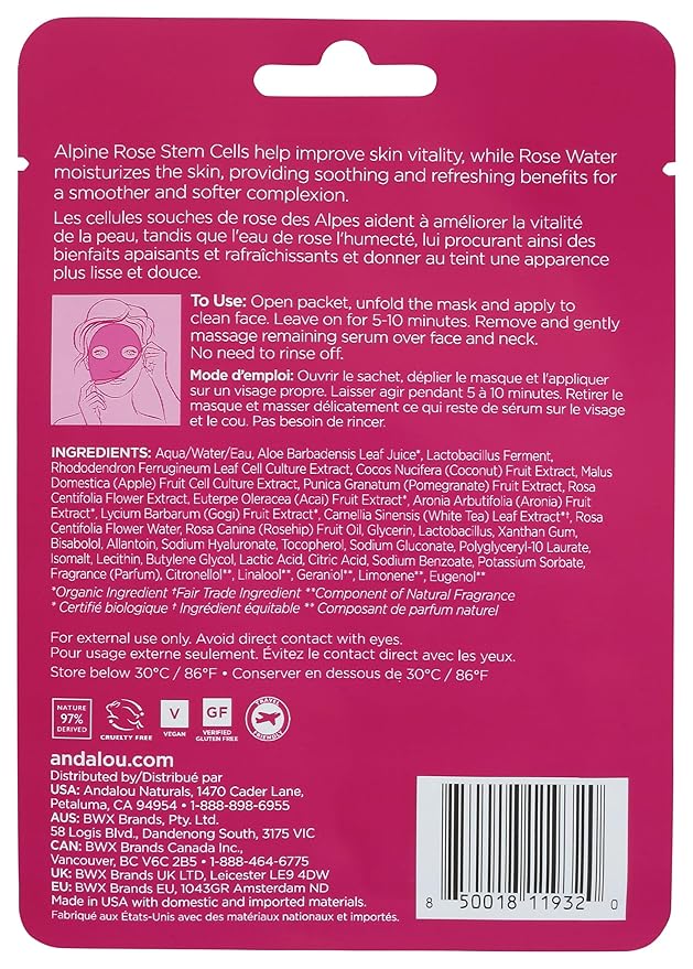 Andalou Naturals 1000 Roses Instant Soothe & Smooth Sheet Mask, 0.6 FZ