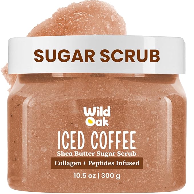 WildOak Iced Coffee Shea Butter Sugar Body Scrub | With Collagen & Peptides | Tan Removal | Lightens Dark Area - Neck & Elbows | Smoothen Bumpy Legs & Hands | Hydrating & Exfoliating Scrub | 10.58 oz