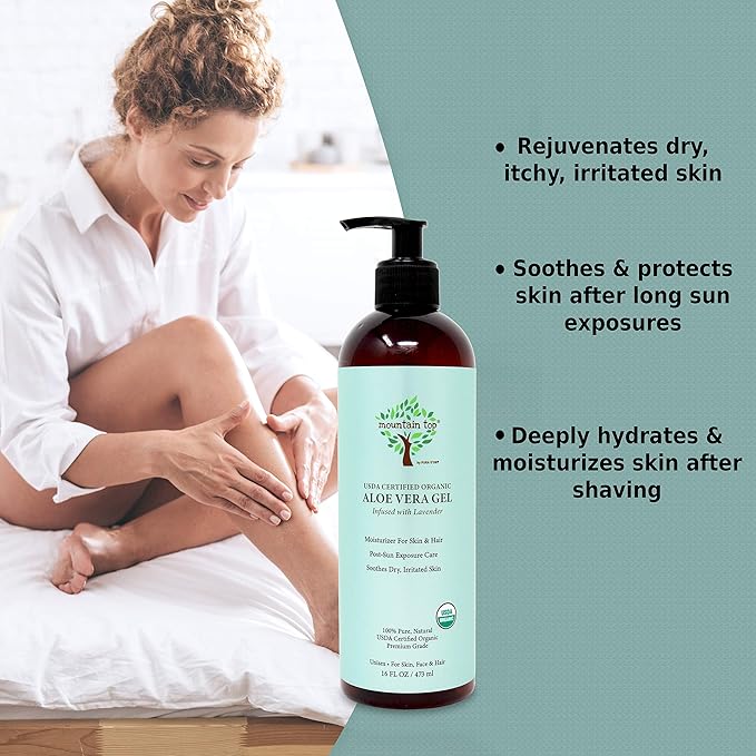 MOUNTAIN TOP Organic Aloe Vera Gel (16 fl oz / 473 mL) USDA Certified 100% Pure & Natural - For Extremely Dry & Itchy Skin