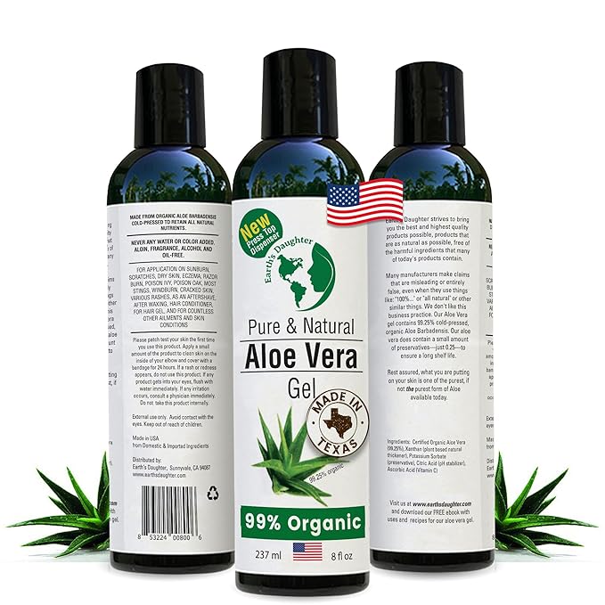 Earth's Daughter Organic Aloe Vera Gel from Fresh Cut 100% Pure Organic Aloe leaves – Fast Absorbing for Face, Skin, Hair & Body – Vegan, Unscented, Natural - 8 Oz USA Made