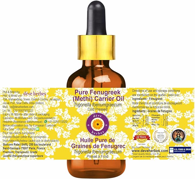 Deve Herbes Fenugreek (Methi) Oil (Trigonella foenumgraecum) | Cold Pressed | Pure | Natural | for Diluting Essential Oils | for Hair, Skin & Massage | Non-Sticky | Lightweight | Unisex | 30ml (1 oz)