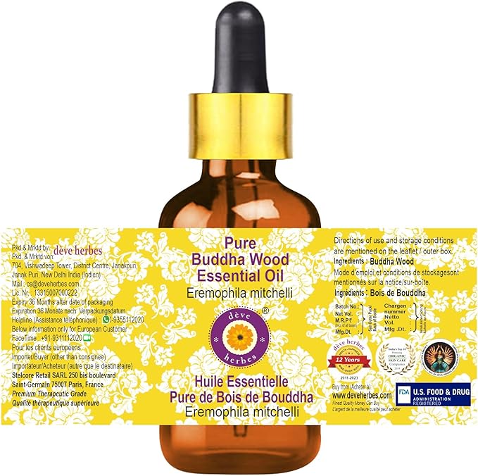 Deve Herbes Pure Buddha Wood Essential Oil (Eremophila mitchelli) Steam Distilled with Glass Dropper 5ml (0.16 oz)