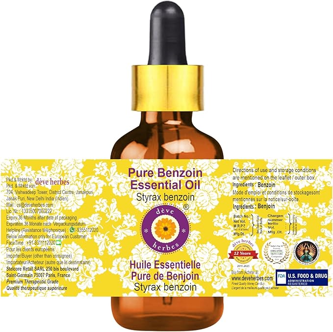 Deve Herbes Pure Benzoin Essential Oil (Styrax Benzoin) with Glass Dropper Natural Therapeutic Grade Steam Distilled (Pack of Two) 100ml X 2 (6.76 oz)