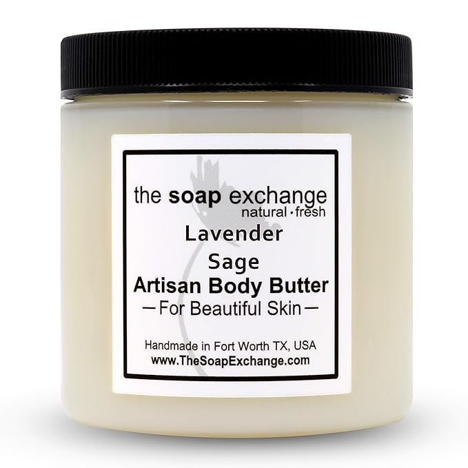 The Soap Exchange Body Butter - Lavender Sage Scent - Hand Crafted 8 fl oz / 240 ml Natural Artisan Skin Care, Shea Butter, Aloe Vera, Nourish, Moisturize, & Protect. Made in the USA.