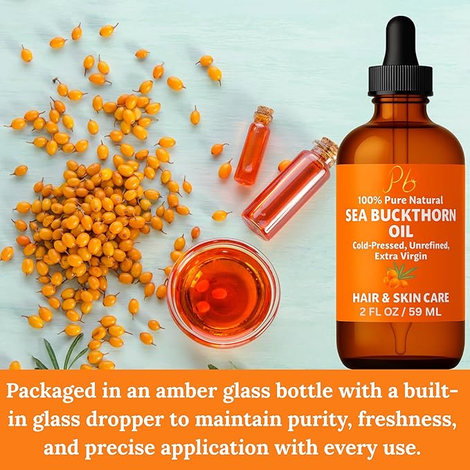 Pomberries Sea Buckthorn Oil – 100% Pure Cold-Pressed from Fruit & Seed – Sea Buckthorn Seed Oil for Face, Hair, Skin & Nails – Supports Radiant, Youthful-Looking Skin – Amber Glass Bottle 2 fl oz