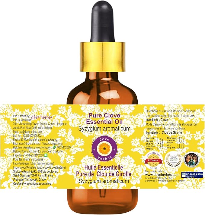 Deve Herbes Pure Clove Essential Oil (Syzygium aromaticum) with Glass Dropper Steam Distilled 10ml (0.33 oz)