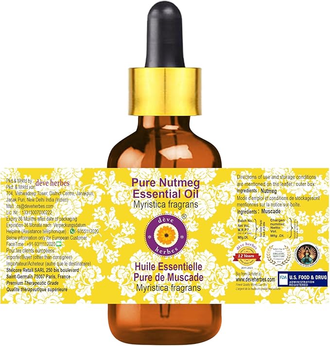 dève herbes Nutmeg Essential Oil (Myristica fragrans) with Glass Dropper | Pure | Non-Sticky | Non-Greasy | Lightweight | Men & Women | All Skin Types | Steam Distilled 15ml (0.5 oz)