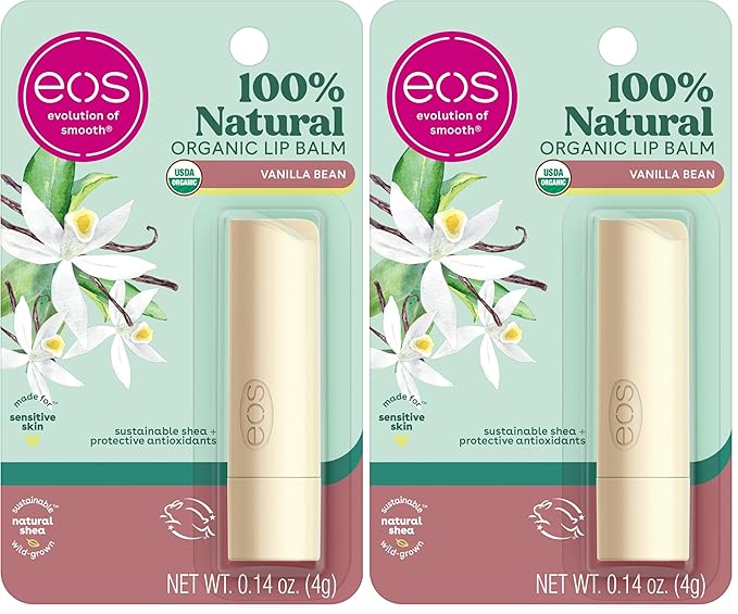 eos 100% Natural & Organic Lip Balm Stick- Vanilla Bean, Dermatologist Recommended for Sensitive Skin | All-Day Moisture Lip Care Products | 0.14 oz (Pack of 2)