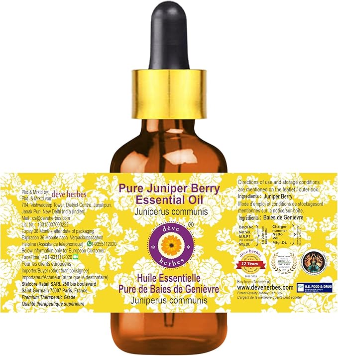 Deve Herbes Pure Juniper Berry Essential Oil (Juniperus communis) with Glass Dropper Steam Distilled 10ml (0.33 oz)