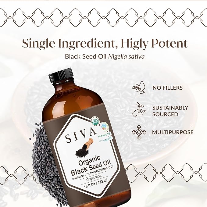 Siva Black Seed Organic Oil 16oz (473ml) Premium Cold-Pressed Organic Carrier Oil for Face, Skin Care, Body Massage, Hair Care, Hair Oiling & Scalp Massage