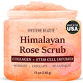 MYSTÉRE BEAUTÉ Himalayan Salt Body Scrub with Collagen & Rose Oil (12 oz) - Exfoliating Scrub for Cellulite, Acne, Scars & Stretch Marks - Deep Cleansing & Moisturizing - Natural Skin Care Gift