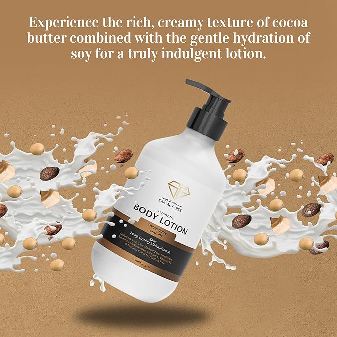 SAIF AL FARES Cocoa Butter and Soy Body Lotion Alcohol Free & Paraben Free with Cocoa Butter and Soy Scent made with Emollients, Sodium Hyaluronate, Vitamin E, Vitamin B5 & Natural Extracts 16.9 Fl Oz