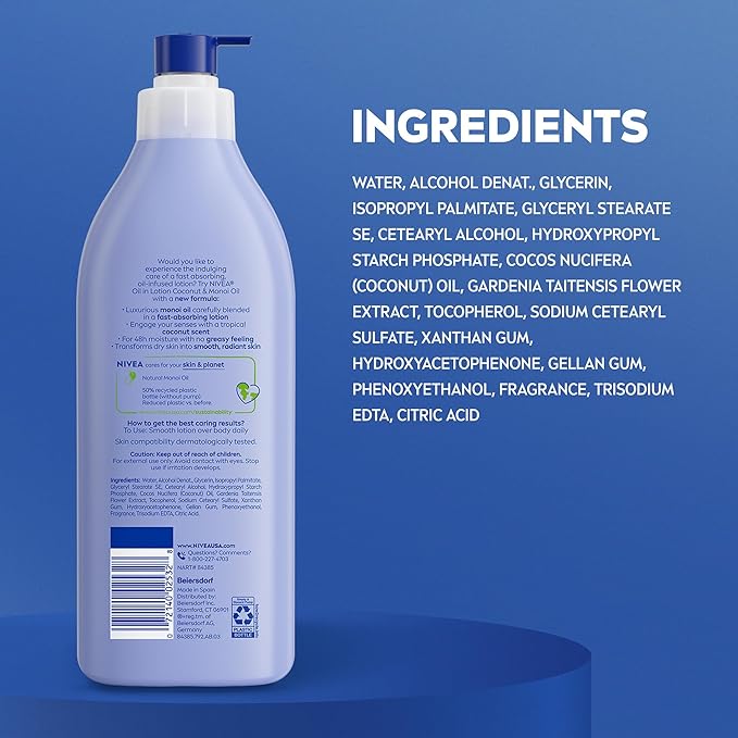 NIVEA Oil Infused Lotion Coconut and Monoi Oil Body Lotion for Women,Fast-Absorbing and Non-Greasy Coconut Scented-Lotion Moisturizes for 48 Hours,16.9 Fl Oz Pump Bottle,(Pack of 2)