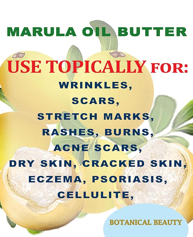 Botanical Beauty MARULA OIL BUTTER RAW VIRGIN UNREFINED for Face, Body, Hair, Lip, Nails, Dry Skin, Cracked Hands, Rosacea, Eczema, Rashes, Itchiness, Redness, Anti-Aging (4 Fl Oz)