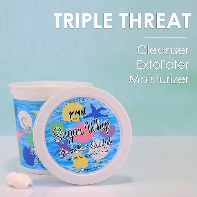 Primal Elements Sugar Whip Exfoliating Scrub Body and Face Cleanser for Silky Smooth Moisturize All Skin Types Seashells & Starfish 10 Ounce