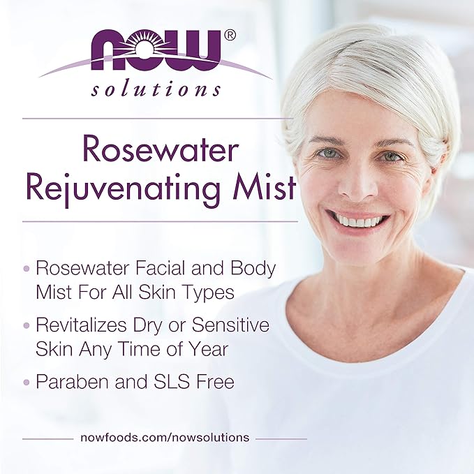 NOW Solutions Rosewater Rejuvenating Mist, Hydration and Rejuvenation Spray for All Skin and Hair Types, 4-Ounce