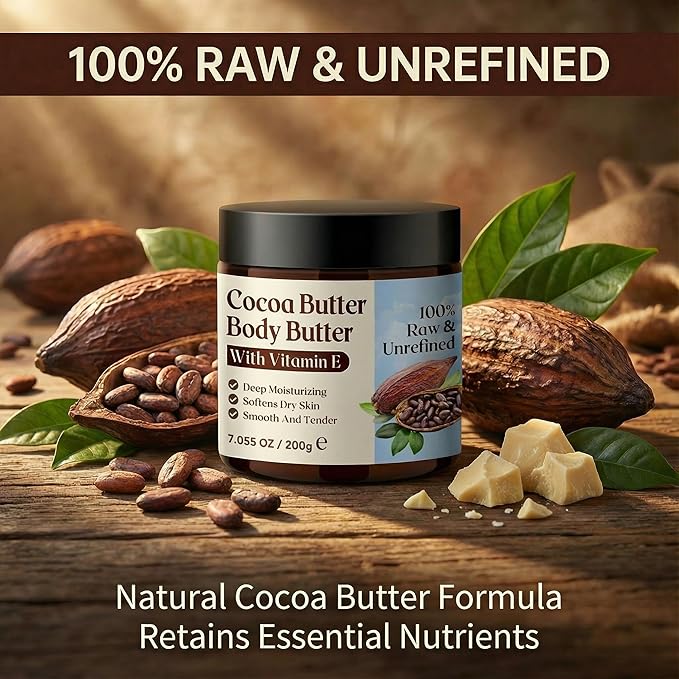 Grospe Cocoa Butter Body Butter for Women & Men 100% Raw & Unrefined Body Cream with Vitamin E Deep Moisturizing Body Lotion for Extremely Dry Skin Natural Daily Body Care Moisturizer - 7.05 Oz