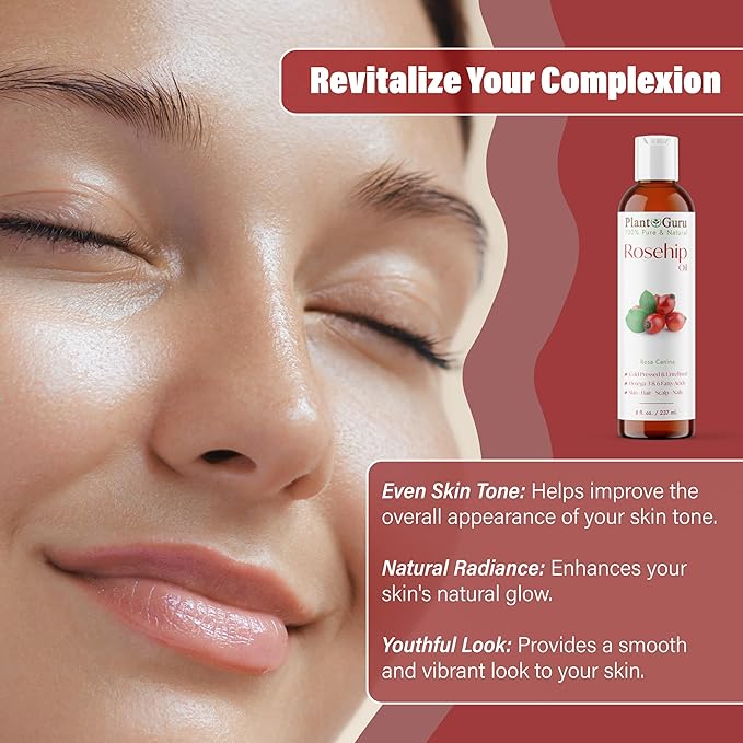 Plant Guru Rosehip Oil Unrefined 16 fl. oz. 100% Pure Cold Pressed – Nourishing for Skin, Hair, Scalp, and Nails – Hydrating, Moisturizing, and Rejuvenating.