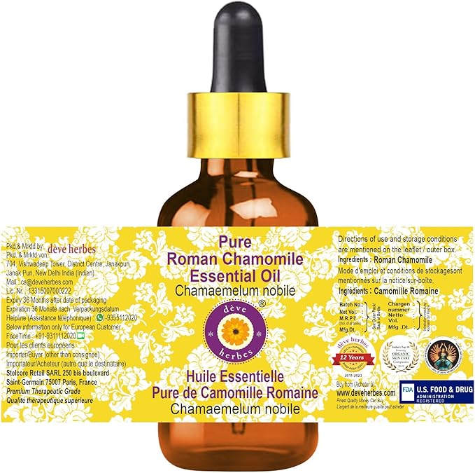 Deve Herbes Pure Roman Chamomile Essential Oil (Chamaemelum nobile) with Glass Dropper Natural Therapeutic Grade Steam Distilled 50ml (1.69 oz)