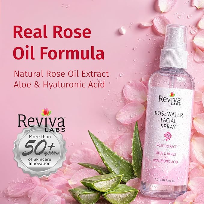 Reviva Labs Rosewater Facial Spray with Soothing Aloe, Herbs & Hyaluronic Acid - Hydrating Rose Water Spray for Face Agua de Rosas para La Cara - Face Mist Toner for All Skin Types, 8 Fl Oz