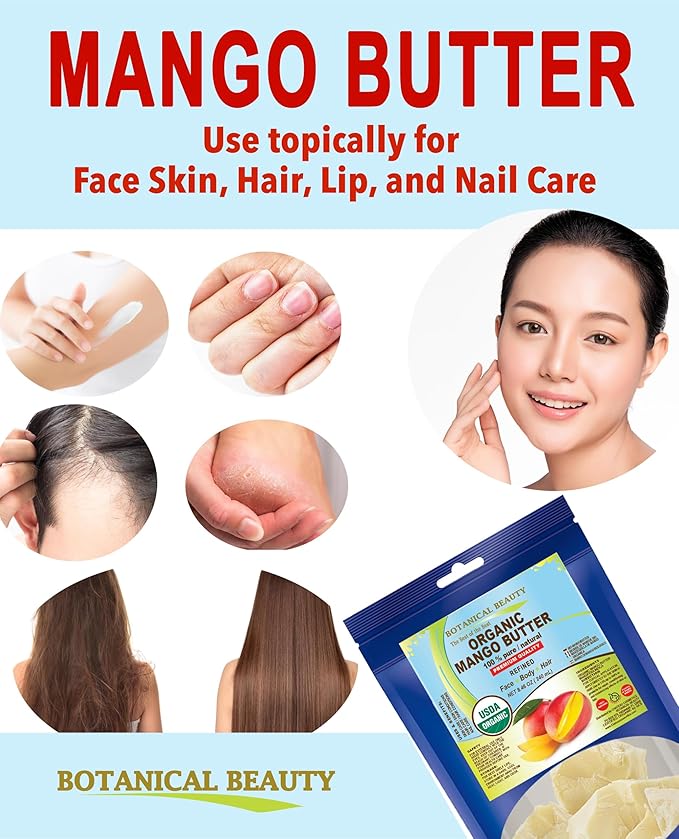 Botanical Beauty Organic MANGO BUTTER RAW 100% Pure Natural VIRGIN REFINED 8.46 oz - 240 gram for Face, Skin, Hair, Body, Nails. Skin Moisturizer. for Lotions, Cream. Rich in Vitamin E