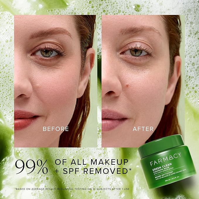 Farmacy Makeup Remover Cleansing Balm - Green Clean Waterproof Makeup Remover Balm + Oil Cleanser for Face - Gently Melts Make Up + SPF - Hydrates + Softens Skin with Super Greens + Papaya (100ml)