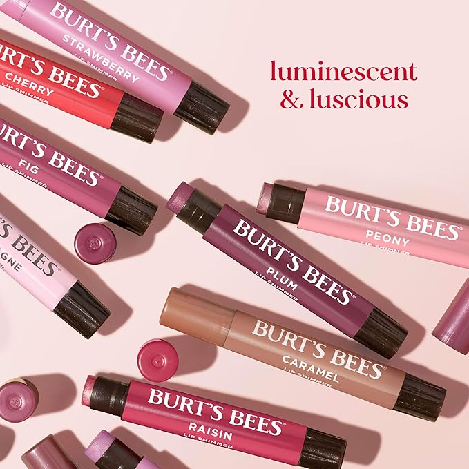 Burt's Bees Lip Shimmer, Raisin, Tinted Lip Balm Stick, Moisturizing for All Day Hydration with Natural Glowy Pigmented Finish & Buildable Color, 1 Count, 0.09 Oz