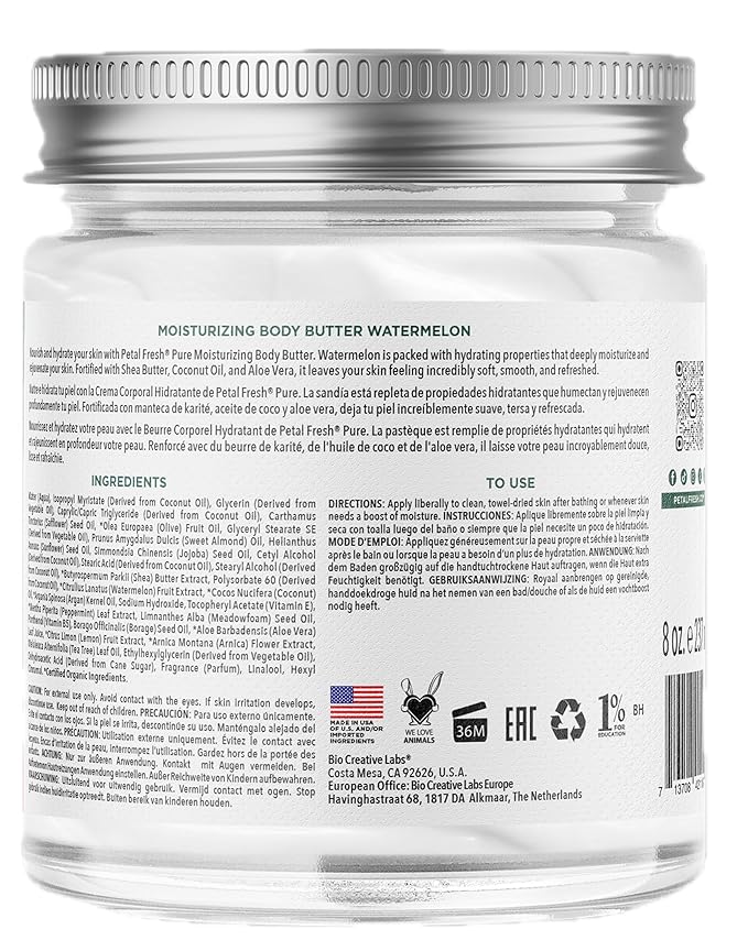 Petal Fresh Pure Moisturizing Watermelon Body Butter, Shea Butter, Coconut Oil, Aloe Vera, For All Skin Types, Vegan and Cruelty Free, Non-Greasy, 8 oz – MADE IN USA