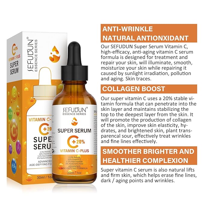 Vitamin C Serum, 20%, Retinol, Anti-Aging, For dark spots, Face Serum with Hyaluronic Acid, 1oz