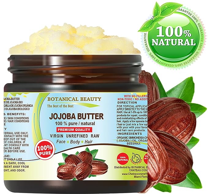 Botanical Beauty JOJOBA OIL BUTTER RAW VIRGIN UNREFINED for Face, Body, Hair, Nails. Dry Skin, Cracked Hands, Eczema, Psoriasis Rashes, Itchiness, Redness (4 Fl Oz)