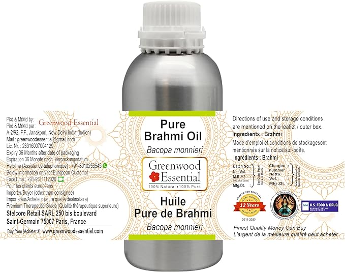 Greenwood Essential Pure Brahmi Oil (Bacopa monnieri) Natural Therapeutic Grade 630ml (21 oz)